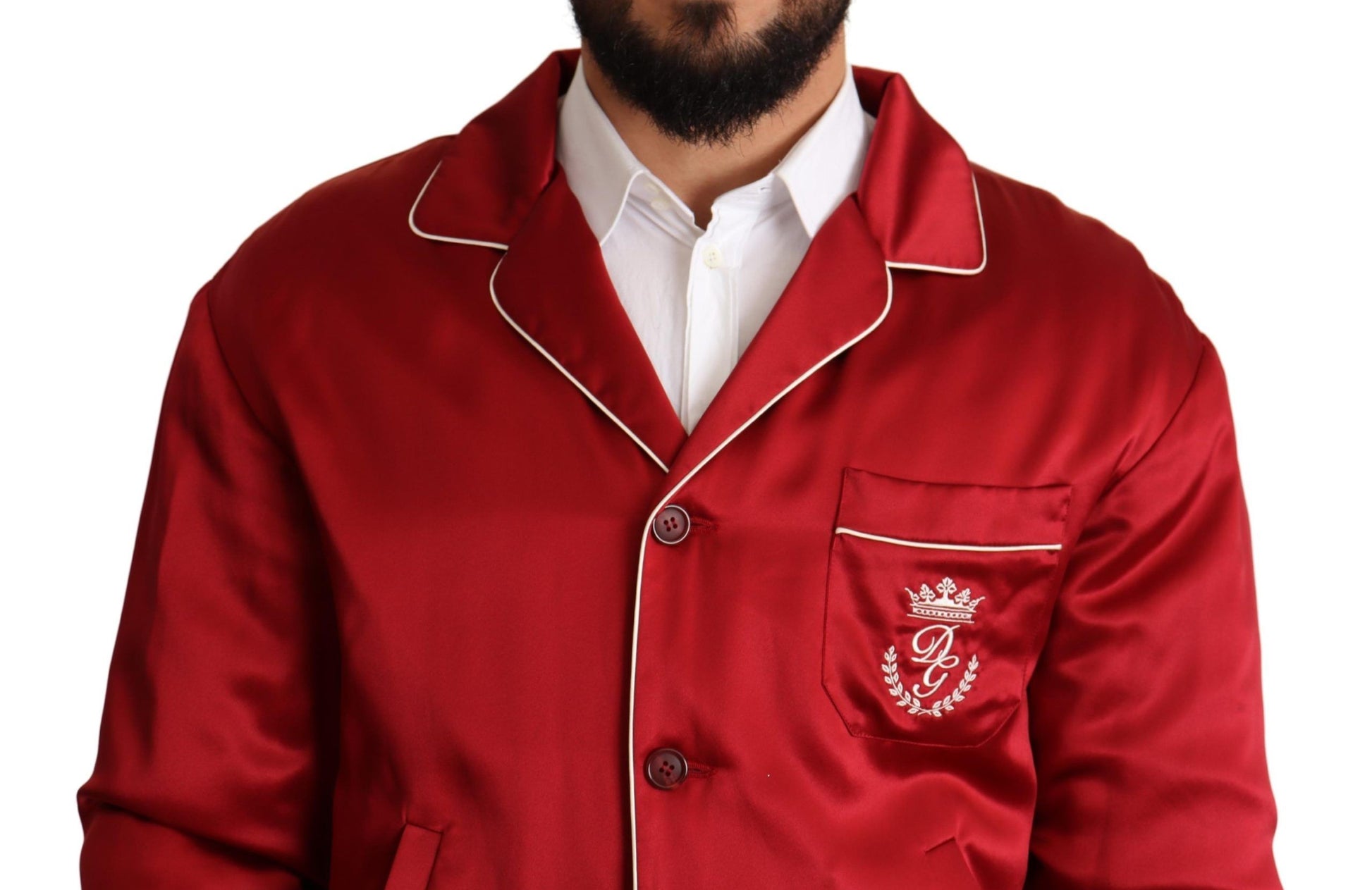Dolce & Gabbana Red Silk Button DG Logo Bomber Jacket - Whispers Of Wisdom Clothing