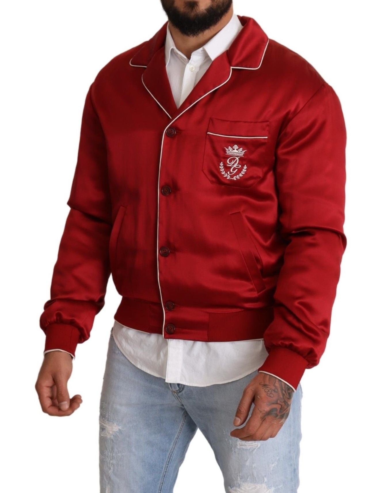 Dolce & Gabbana Red Silk Button DG Logo Bomber Jacket - Whispers Of Wisdom Clothing