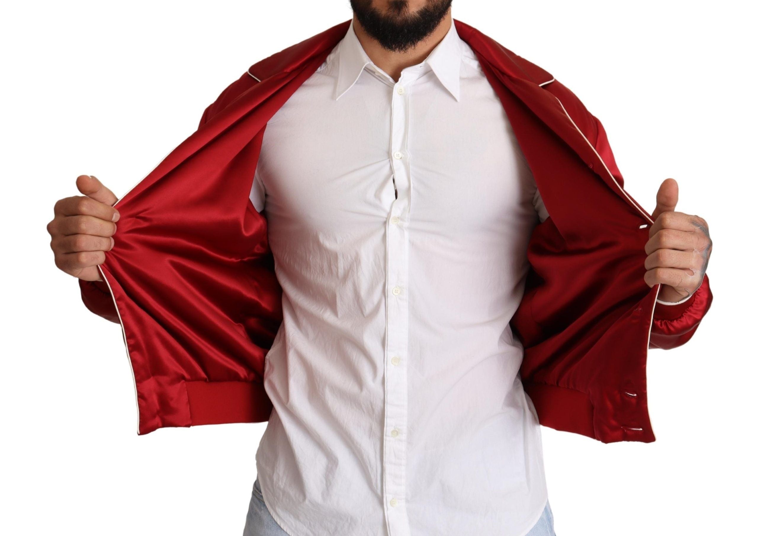 Dolce & Gabbana Red Silk Button DG Logo Bomber Jacket - Whispers Of Wisdom Clothing