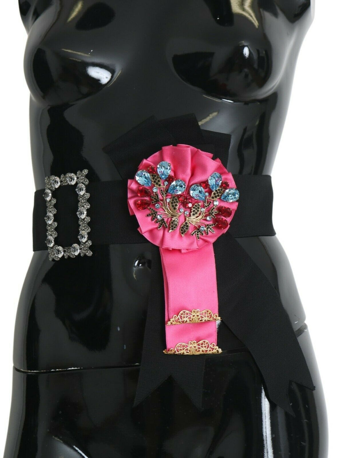 Dolce & Gabbana Black Pink Flower Brooch Crystals Cotton Belt - Whispers Of Wisdom Clothing