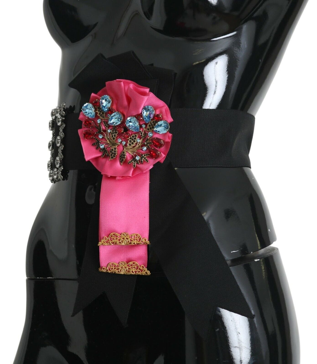 Dolce & Gabbana Black Pink Flower Brooch Crystals Cotton Belt - Whispers Of Wisdom Clothing