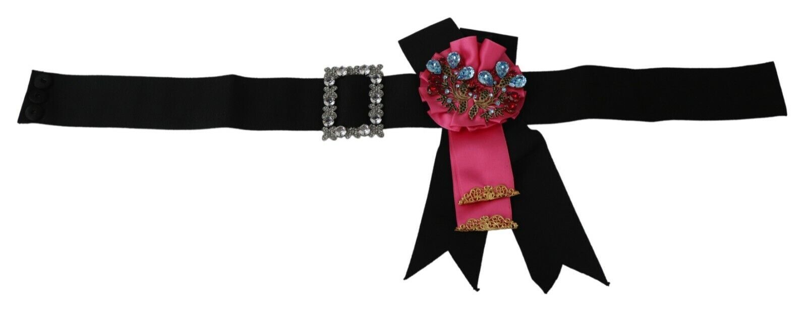 Dolce & Gabbana Black Pink Flower Brooch Crystals Cotton Belt - Whispers Of Wisdom Clothing
