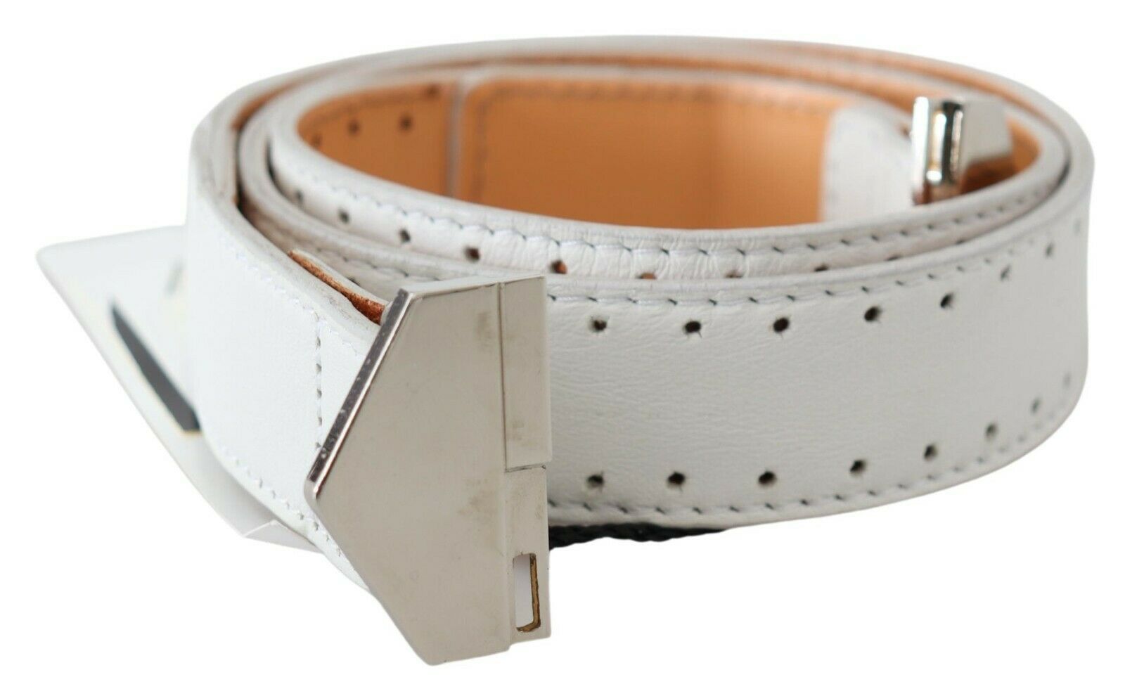 GF Ferre White Leather Hexagon Logo Buckle Waist Belt
