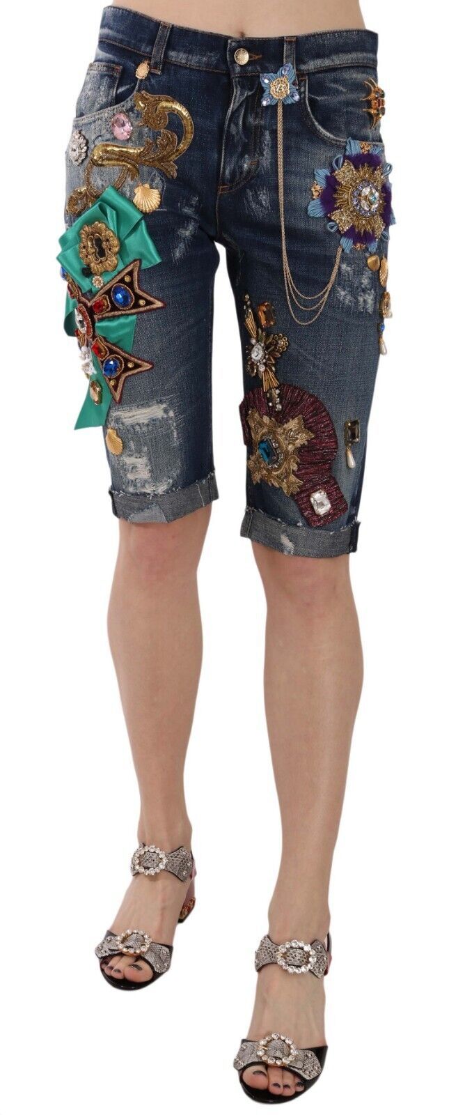 Dolce & Gabbana Blue Denim Mid Waist Crystal Capri Shorts - Whispers Of Wisdom Clothing
