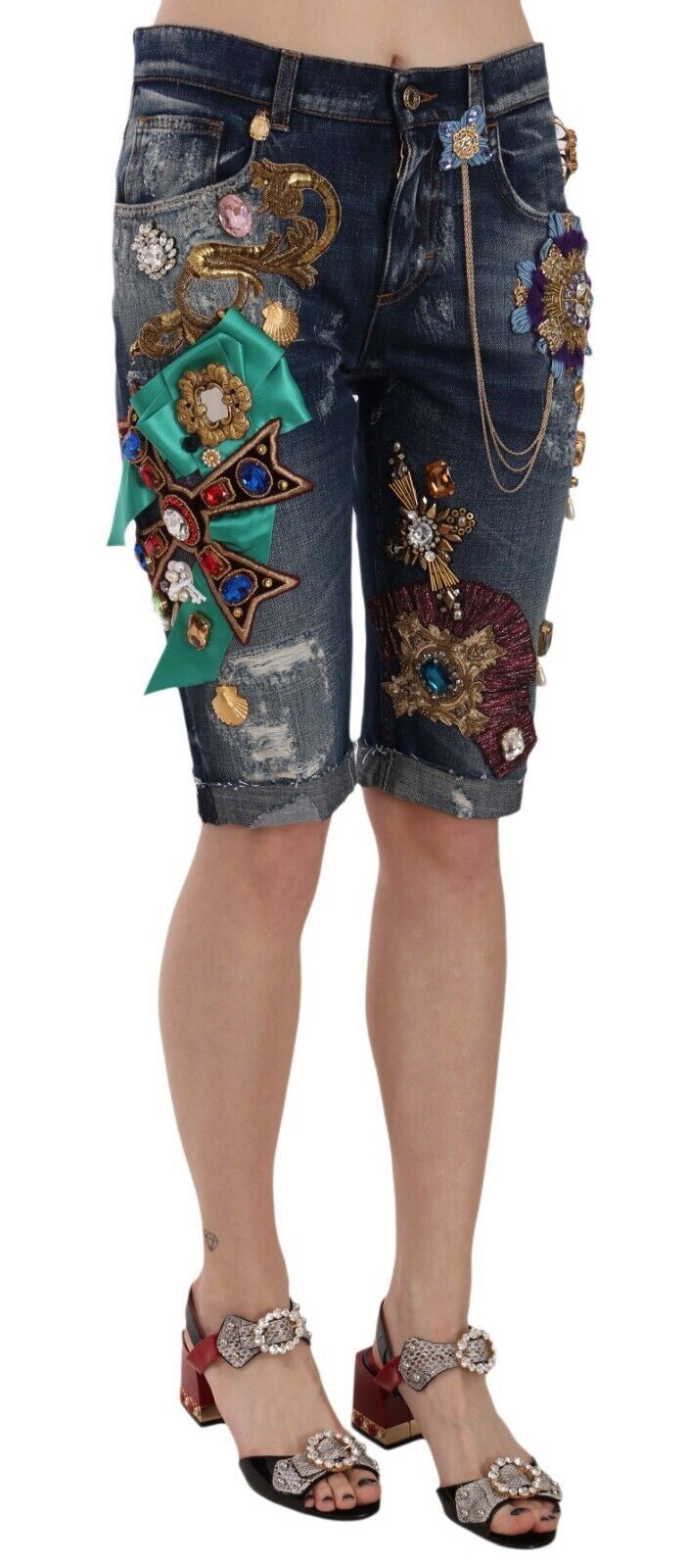 Dolce & Gabbana Blue Denim Mid Waist Crystal Capri Shorts - Whispers Of Wisdom Clothing