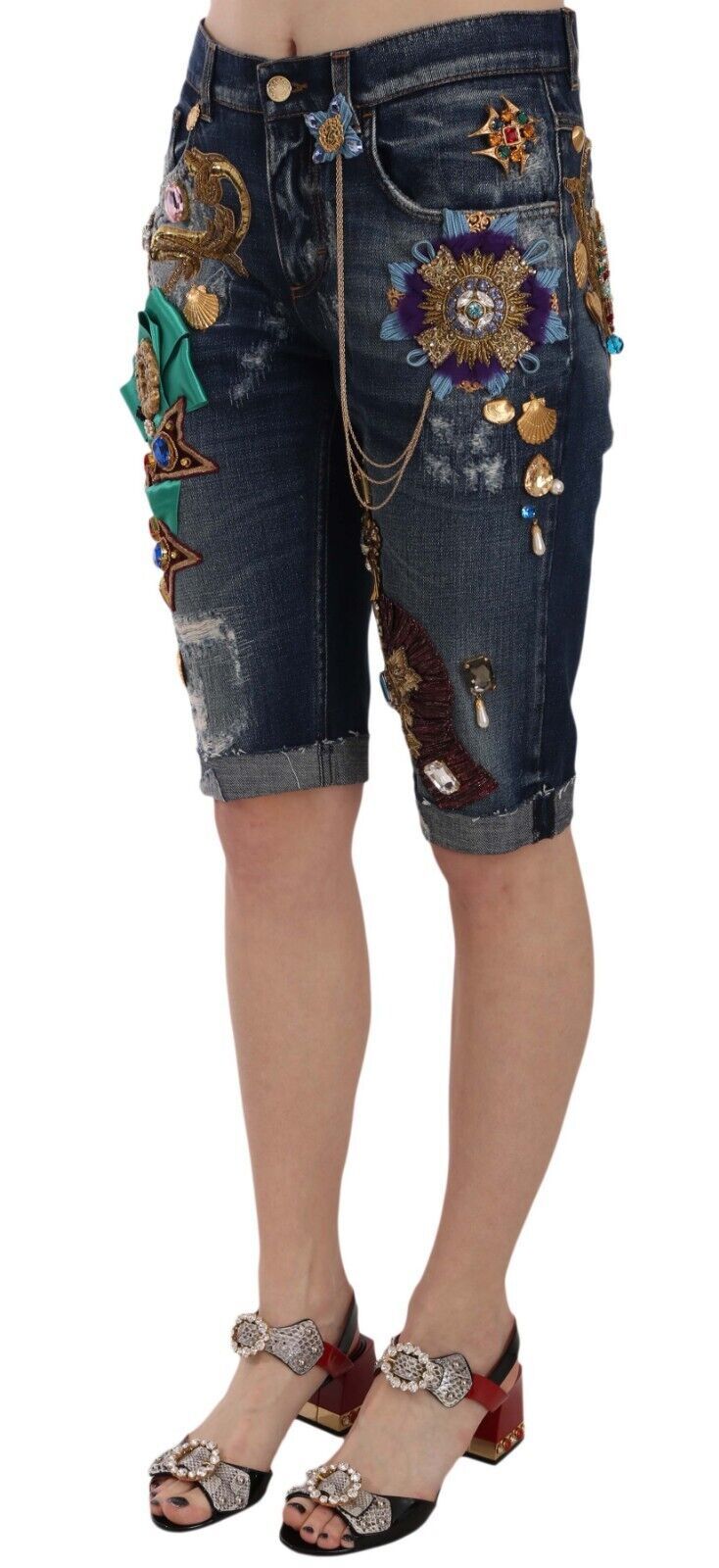 Dolce & Gabbana Blue Denim Mid Waist Crystal Capri Shorts - Whispers Of Wisdom Clothing