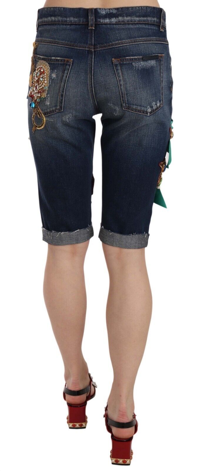 Dolce & Gabbana Blue Denim Mid Waist Crystal Capri Shorts - Whispers Of Wisdom Clothing