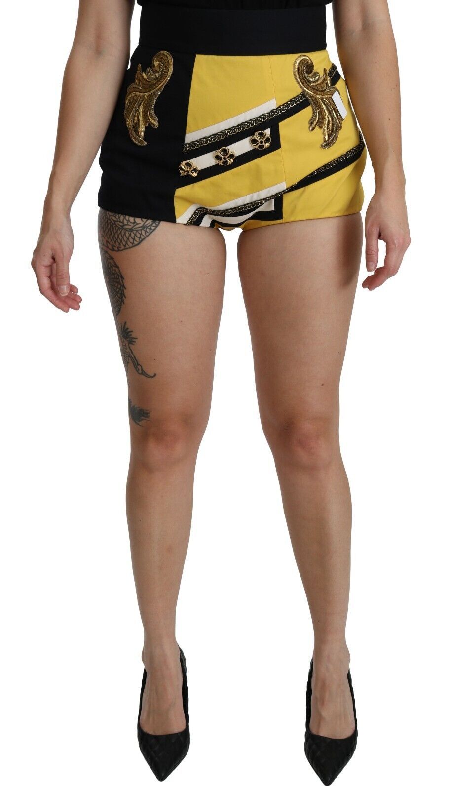 Dolce & Gabbana Yellow Black Cotton Jewelled Hot Pants Shorts - Whispers Of Wisdom Clothing