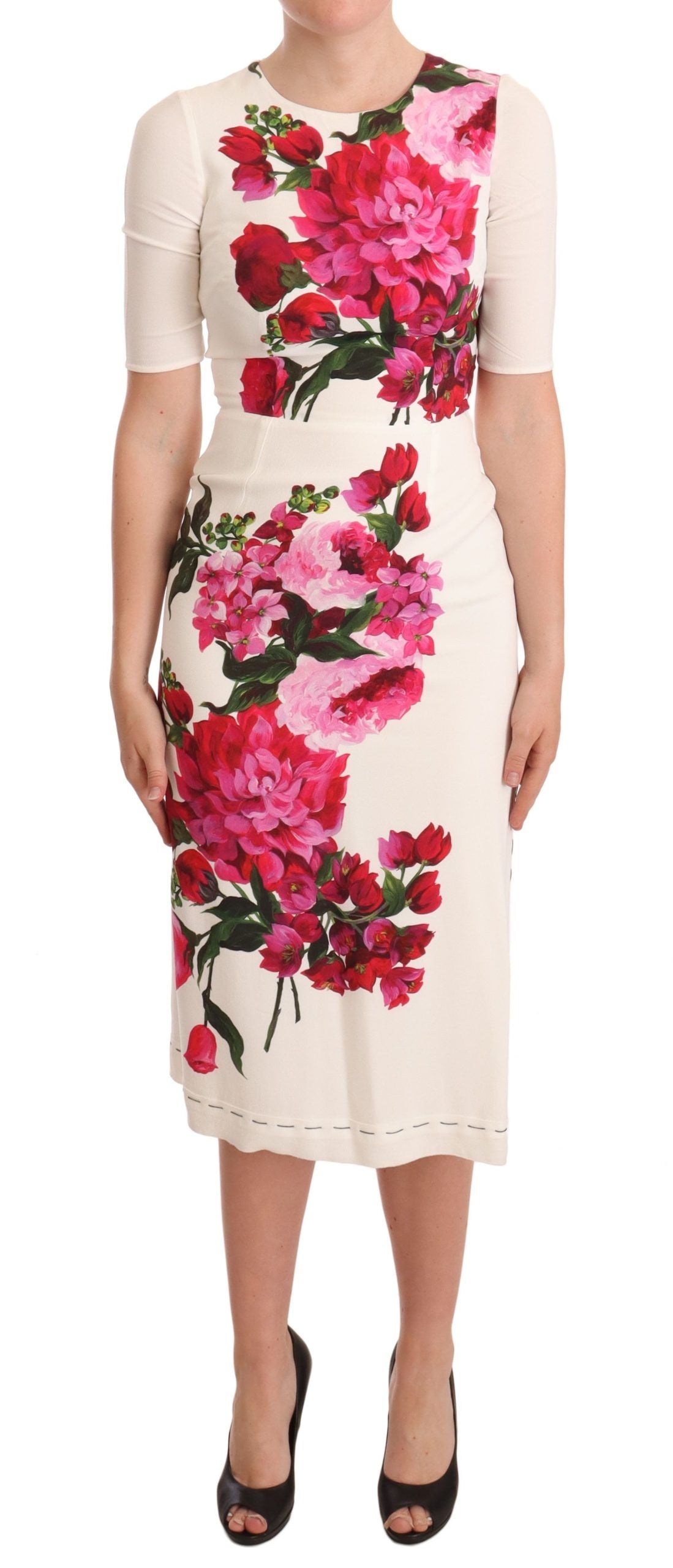 Dolce & Gabbana White Floral Printed Crepe Midi Slit Dress - Whispers Of Wisdom Clothing