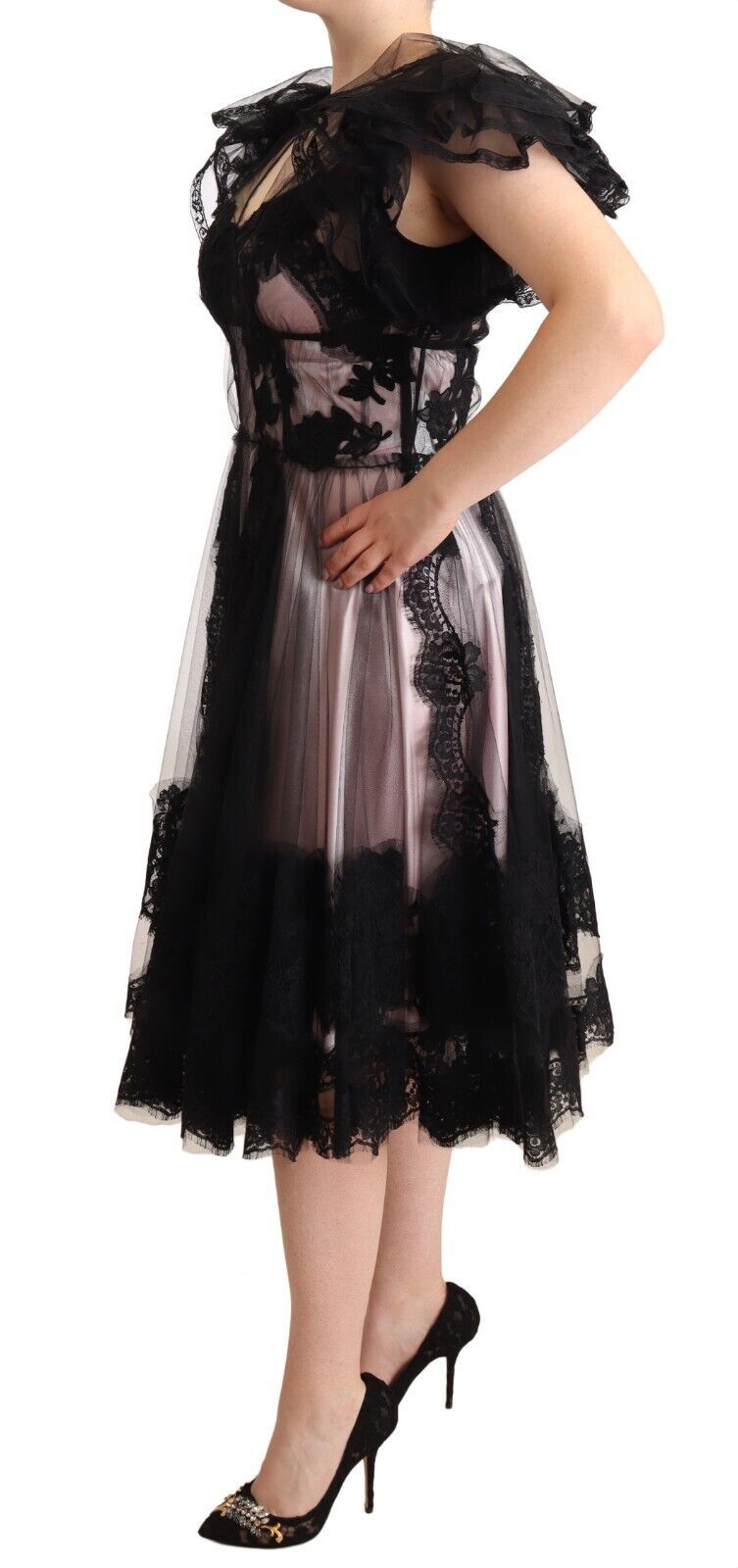 Dolce & Gabbana Black Pink Floral Lace A-line Midi Sheer Dress - Whispers Of Wisdom Clothing