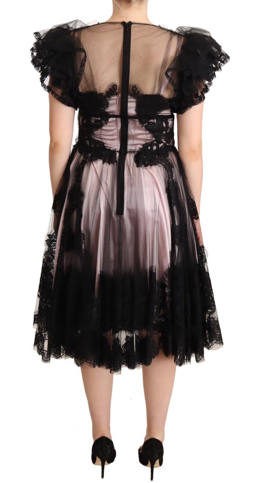 Dolce & Gabbana Black Pink Floral Lace A-line Midi Sheer Dress - Whispers Of Wisdom Clothing