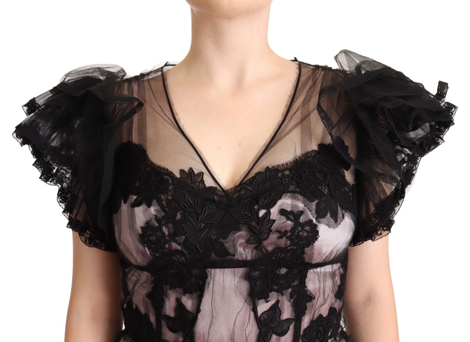 Dolce & Gabbana Black Pink Floral Lace A-line Midi Sheer Dress - Whispers Of Wisdom Clothing
