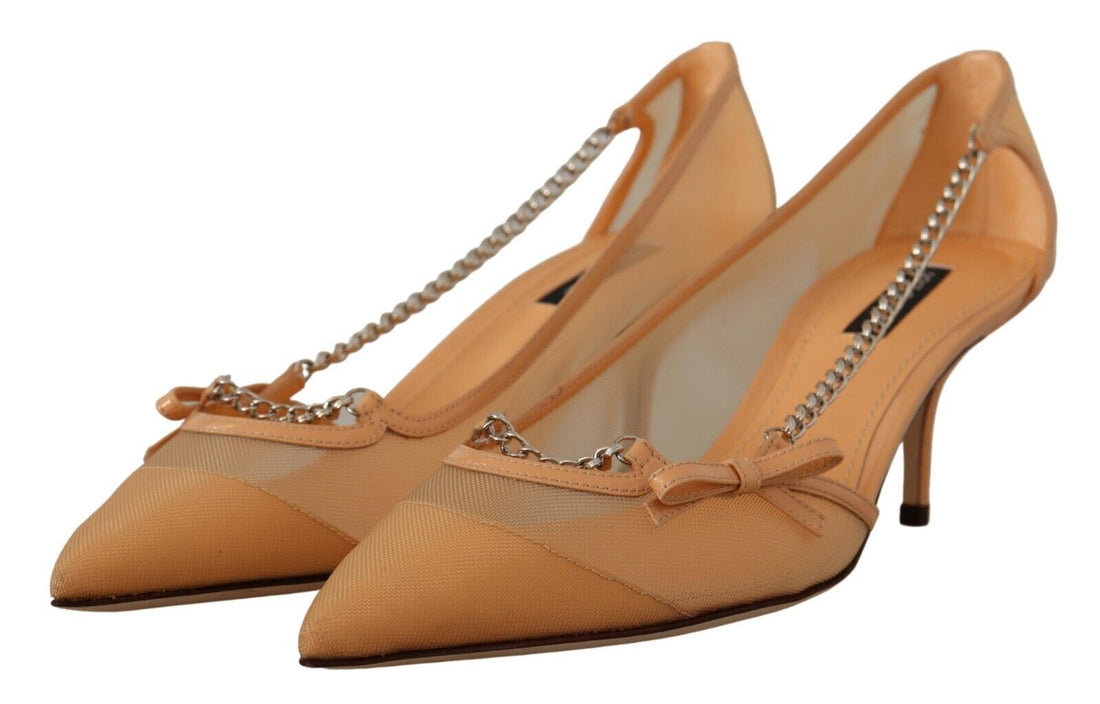 Dolce & Gabbana Peach Mesh Leather Chains Heels Pumps Shoes - Whispers Of Wisdom Clothing