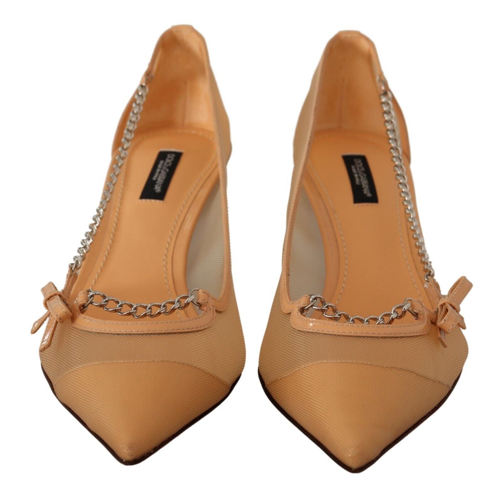 Dolce & Gabbana Peach Mesh Leather Chains Heels Pumps Shoes - Whispers Of Wisdom Clothing
