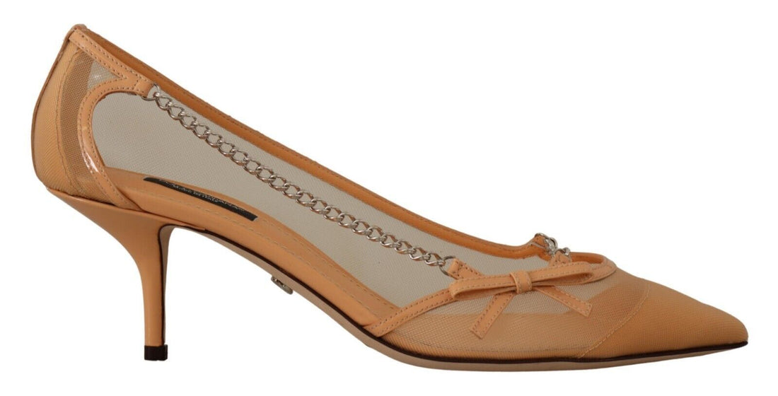 Dolce & Gabbana Peach Mesh Leather Chains Heels Pumps Shoes - Whispers Of Wisdom Clothing