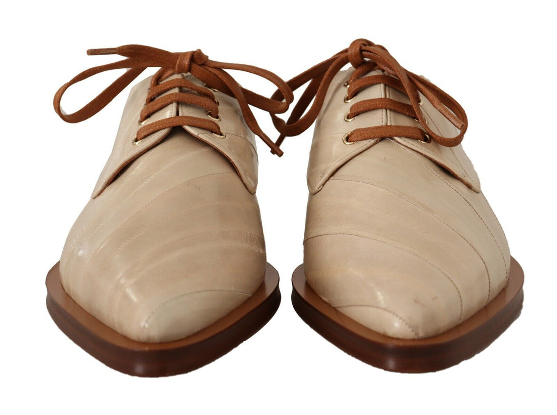 Dolce & Gabbana White Eel Leather Lace Up Formal Flats Shoes - Whispers Of Wisdom Clothing