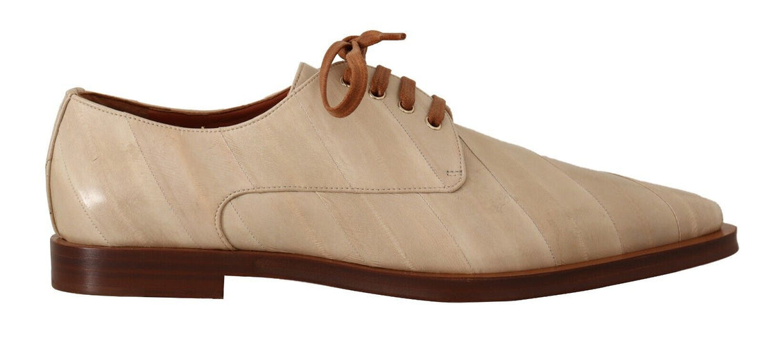 Dolce & Gabbana White Eel Leather Lace Up Formal Flats Shoes - Whispers Of Wisdom Clothing