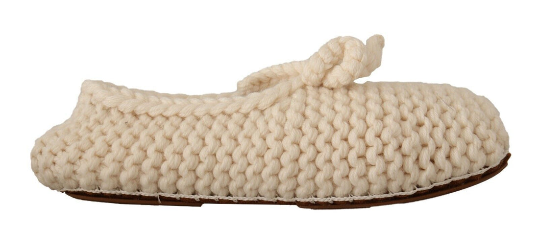 Dolce & Gabbana White Slip On Ballerina Flats Wool Knit Shoes - Whispers Of Wisdom Clothing