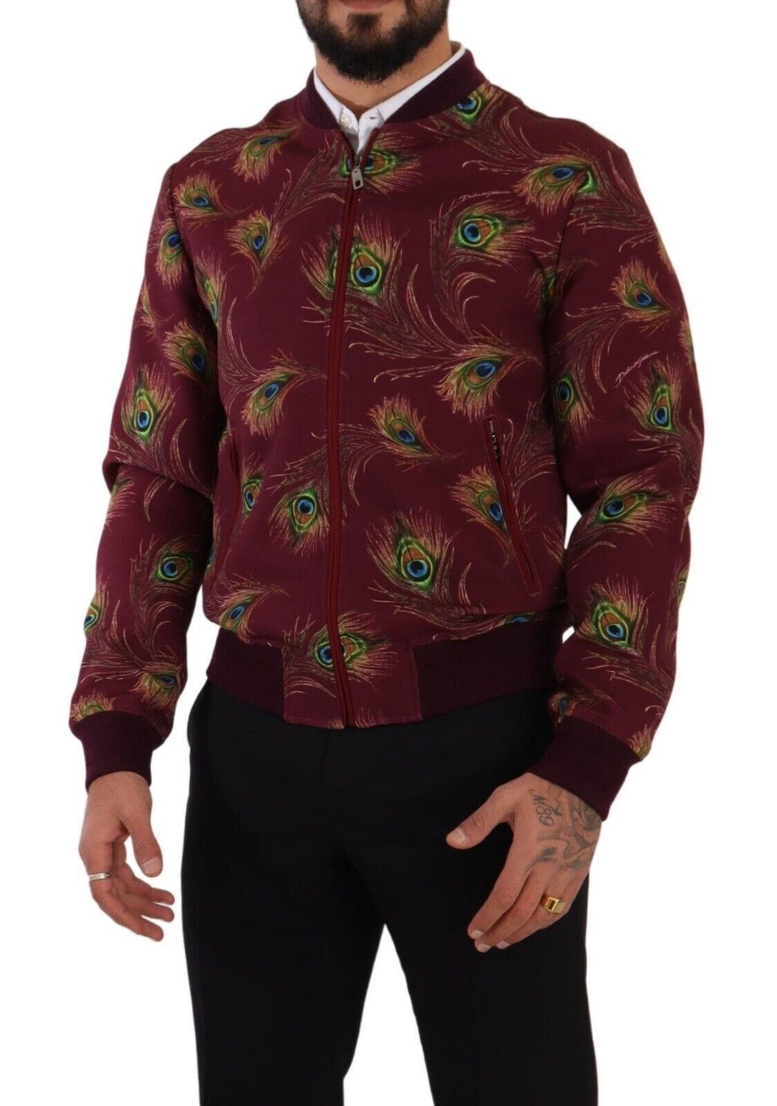 Dolce & Gabbana Red Peacock Polyester Stretch Full Zip Jacket - Whispers Of Wisdom Clothing