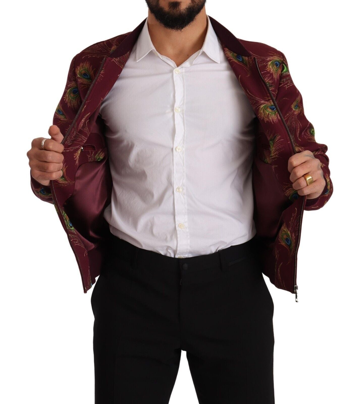 Dolce & Gabbana Red Peacock Polyester Stretch Full Zip Jacket - Whispers Of Wisdom Clothing