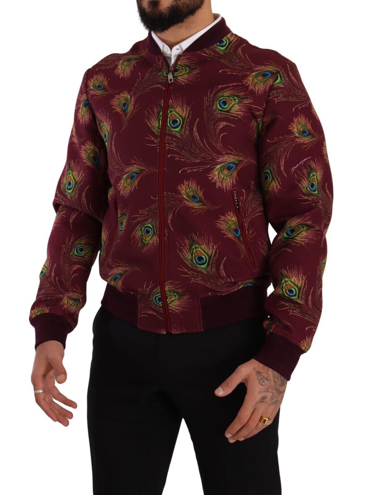 Dolce & Gabbana Red Peacock Polyester Stretch Full Zip Jacket - Whispers Of Wisdom Clothing
