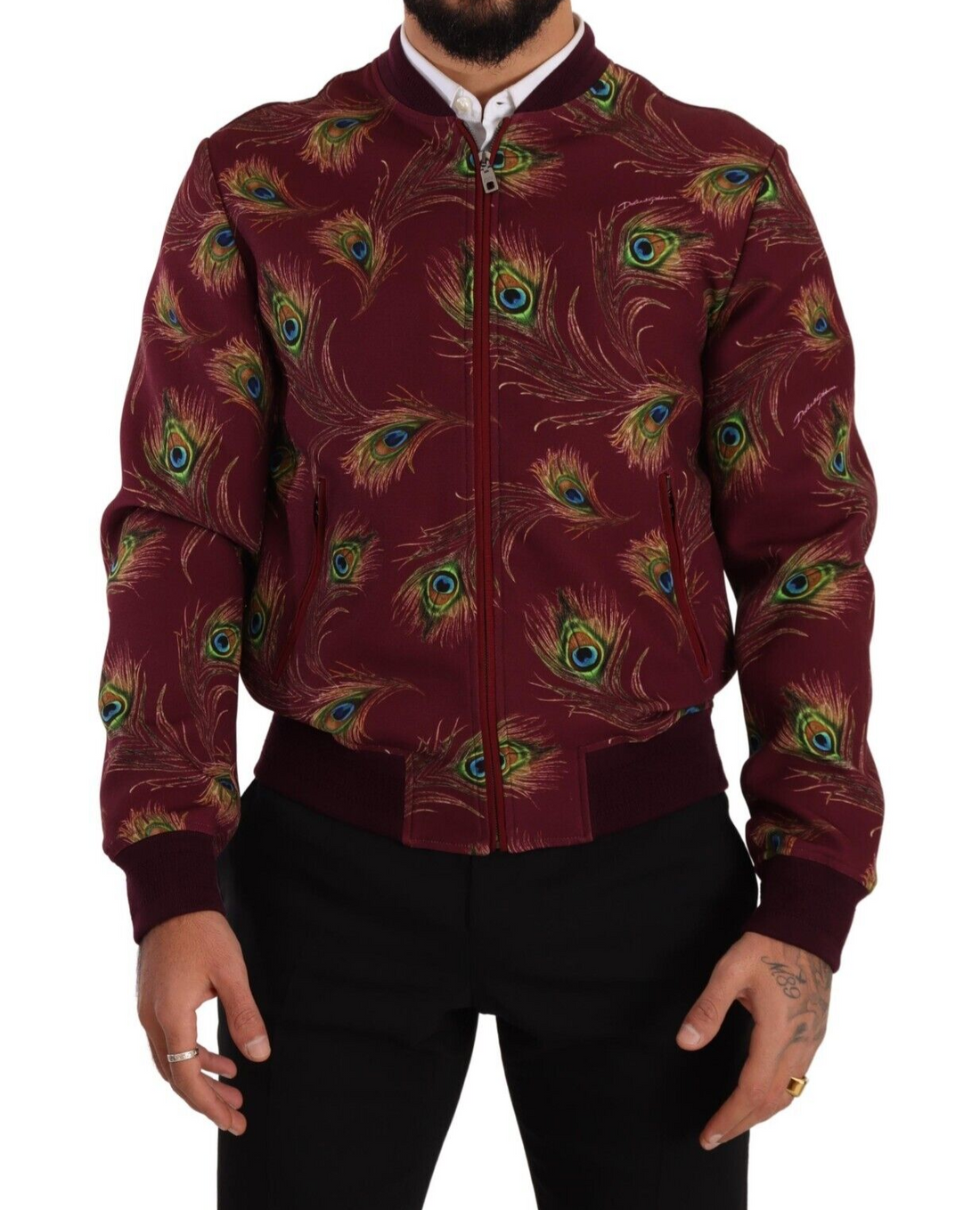 Dolce & Gabbana Red Peacock Polyester Stretch Full Zip Jacket - Whispers Of Wisdom Clothing