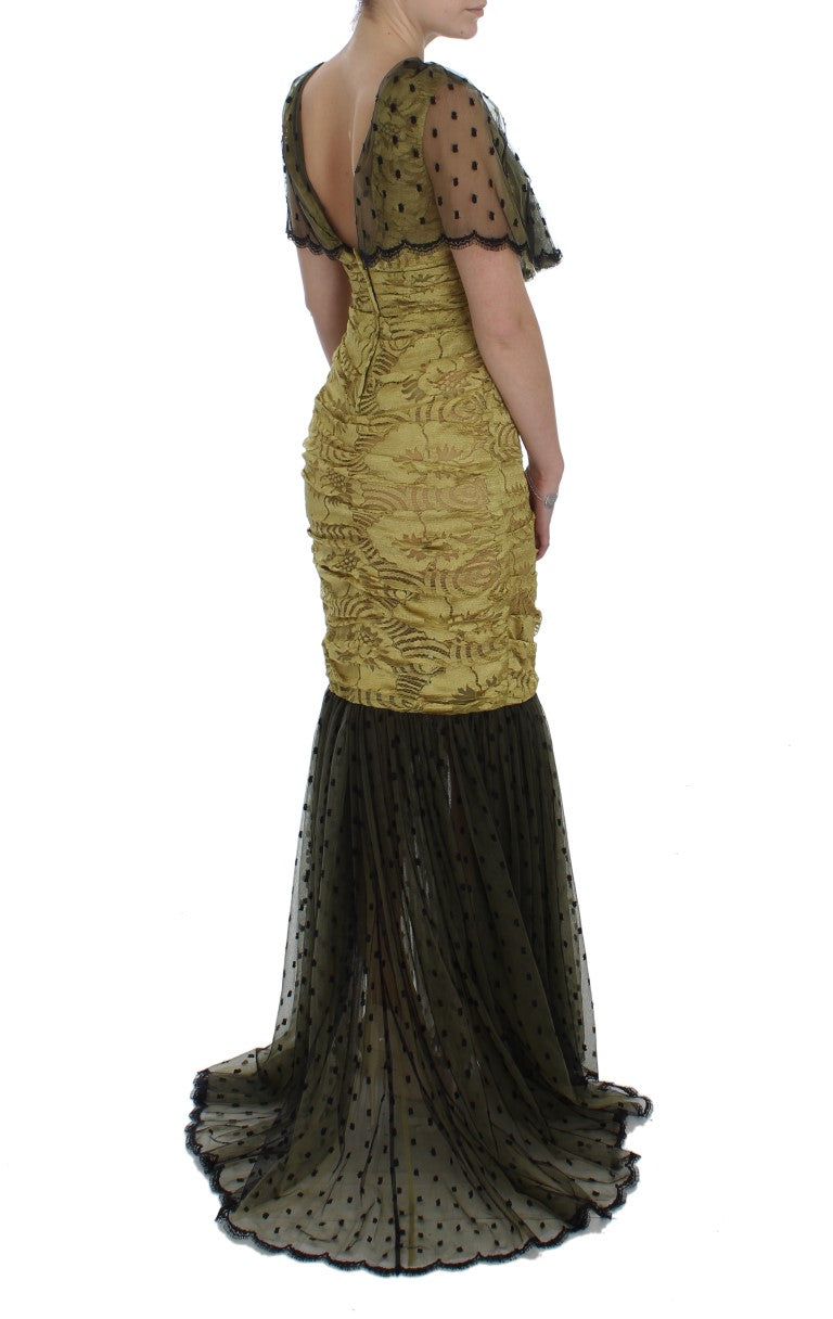 Dolce & Gabbana Yellow Black Floral Lace Ricamo Gown Dress - Whispers Of Wisdom Clothing