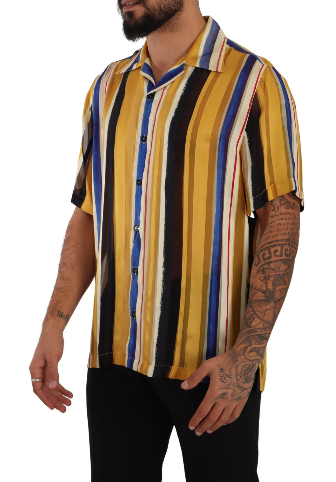 Dolce & Gabbana Yellow Striped Short Sleeve Silk Shirt - Whispers Of Wisdom Clothing