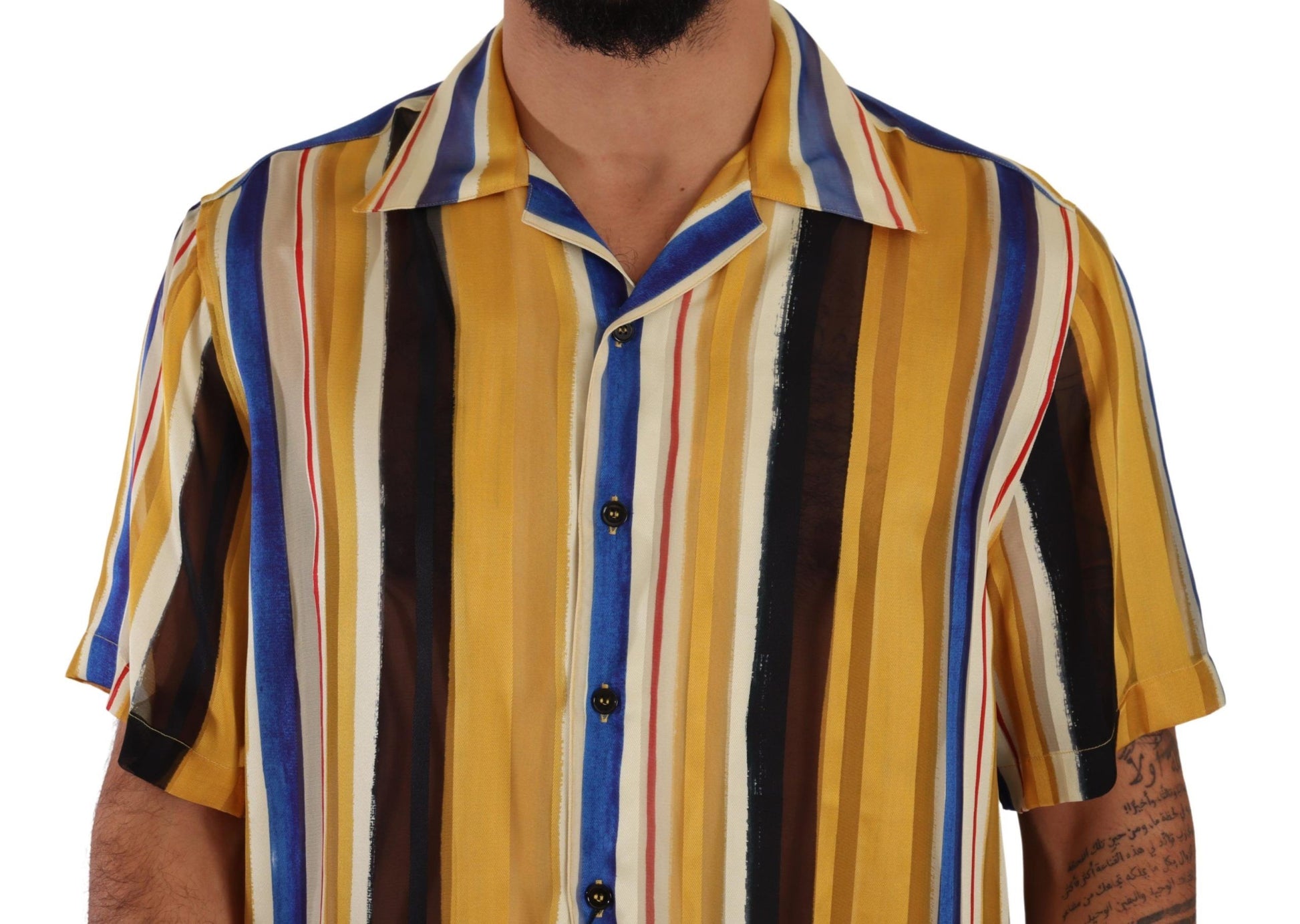 Dolce & Gabbana Yellow Striped Short Sleeve Silk Shirt - Whispers Of Wisdom Clothing