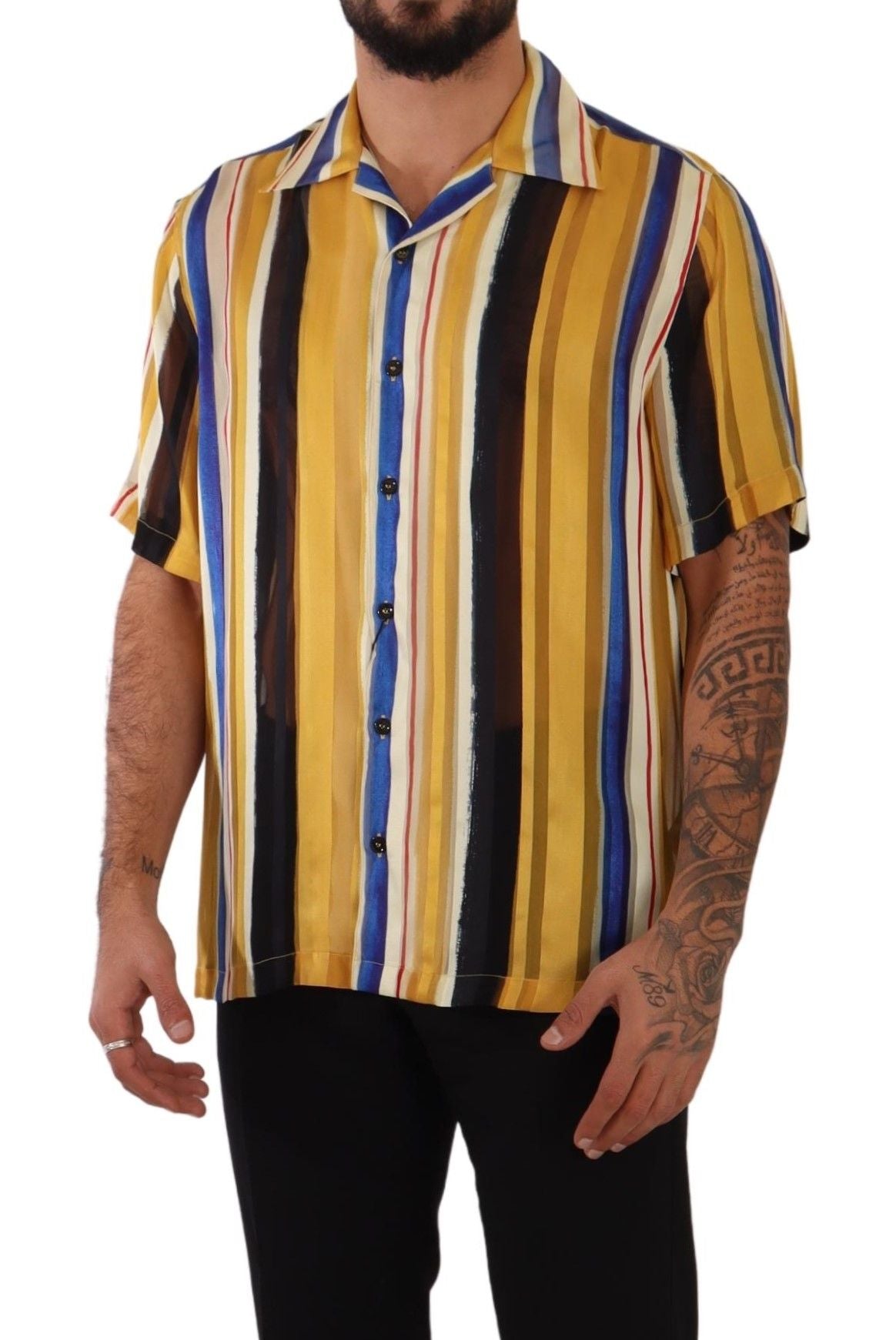 Dolce & Gabbana Yellow Striped Short Sleeve Silk Shirt - Whispers Of Wisdom Clothing