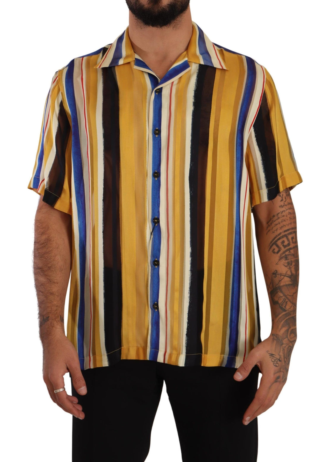 Dolce & Gabbana Yellow Striped Short Sleeve Silk Shirt - Whispers Of Wisdom Clothing
