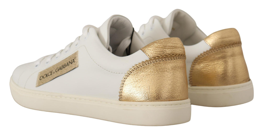 Dolce & Gabbana White Gold Leather Low Top Sneakers - Whispers Of Wisdom Clothing