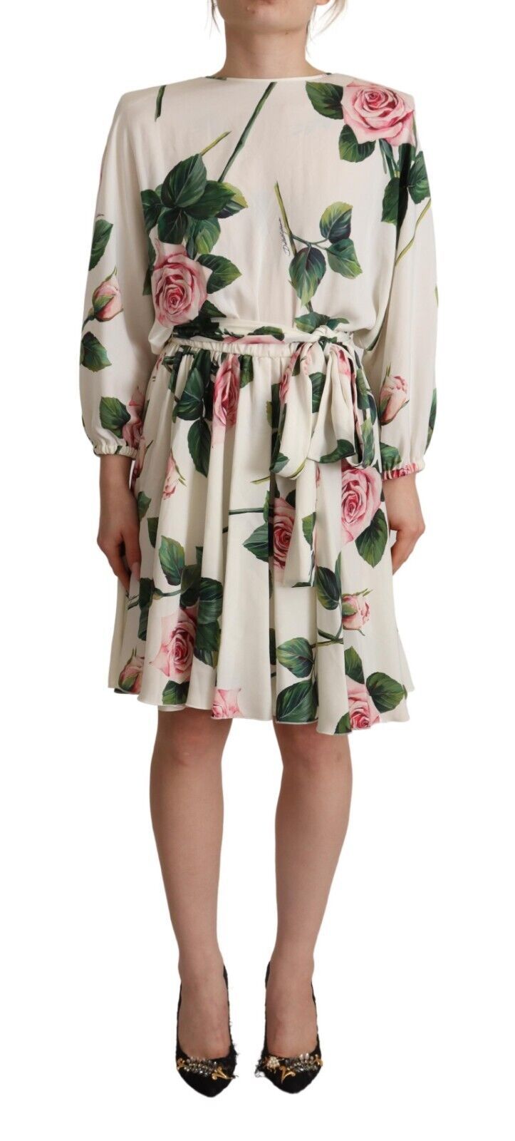 Dolce & Gabbana White Rose Print Long Sleeves A-line Dress - Whispers Of Wisdom Clothing
