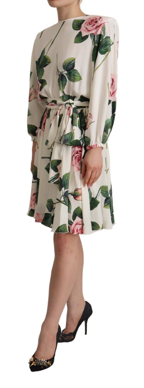 Dolce & Gabbana White Rose Print Long Sleeves A-line Dress - Whispers Of Wisdom Clothing