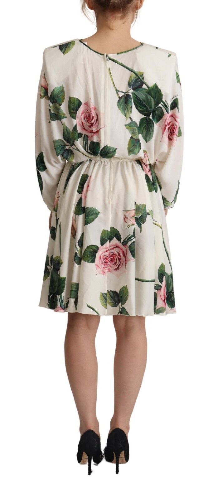 Dolce & Gabbana White Rose Print Long Sleeves A-line Dress - Whispers Of Wisdom Clothing