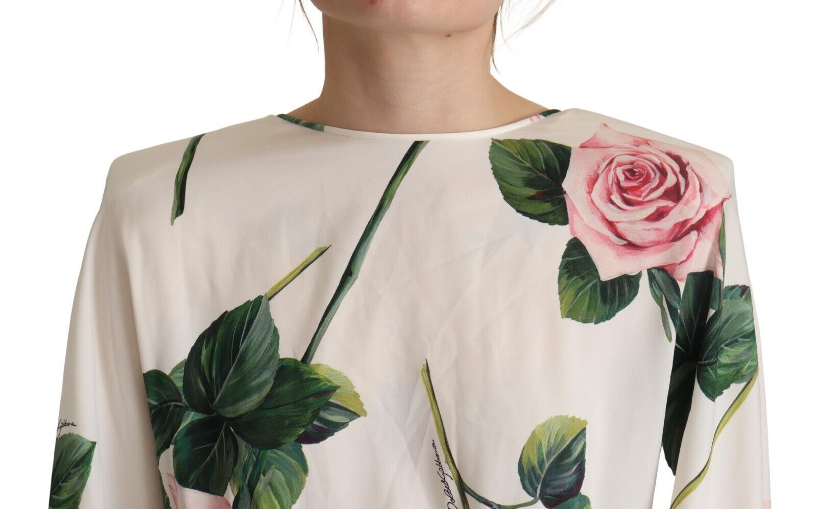 Dolce & Gabbana White Rose Print Long Sleeves A-line Dress - Whispers Of Wisdom Clothing