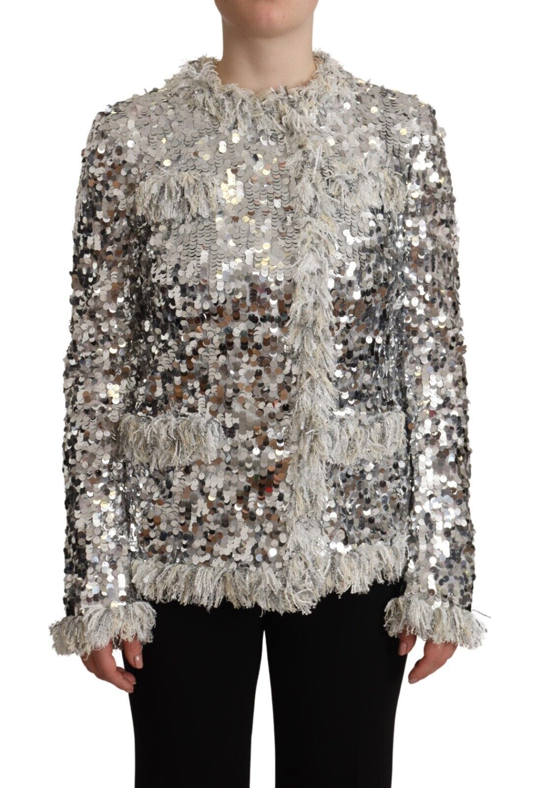 Dolce & Gabbana Silver Sequined Shearling Long Sleeves Jacket - Whispers Of Wisdom Clothing