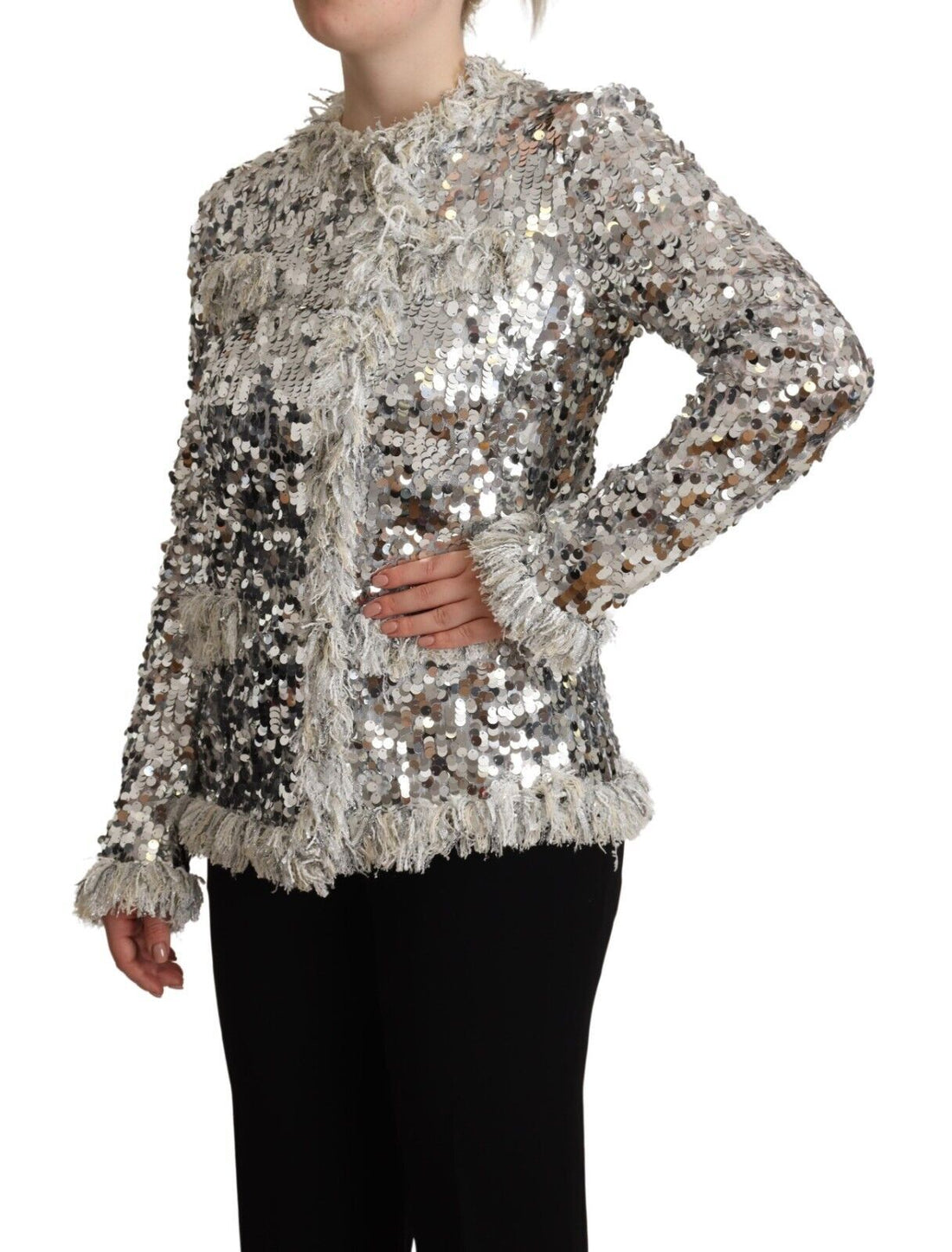 Dolce & Gabbana Silver Sequined Shearling Long Sleeves Jacket - Whispers Of Wisdom Clothing
