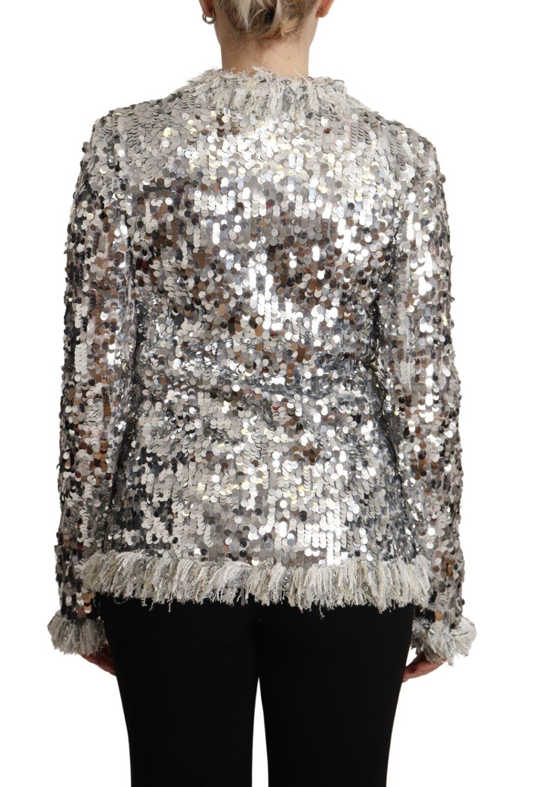 Dolce & Gabbana Silver Sequined Shearling Long Sleeves Jacket - Whispers Of Wisdom Clothing
