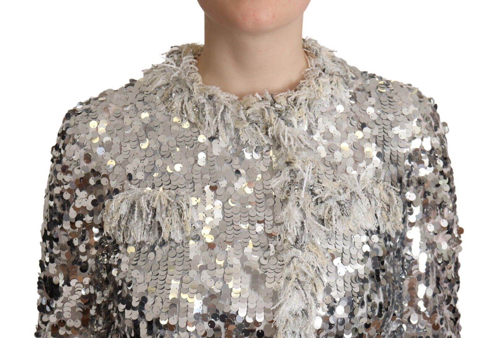 Dolce & Gabbana Silver Sequined Shearling Long Sleeves Jacket - Whispers Of Wisdom Clothing