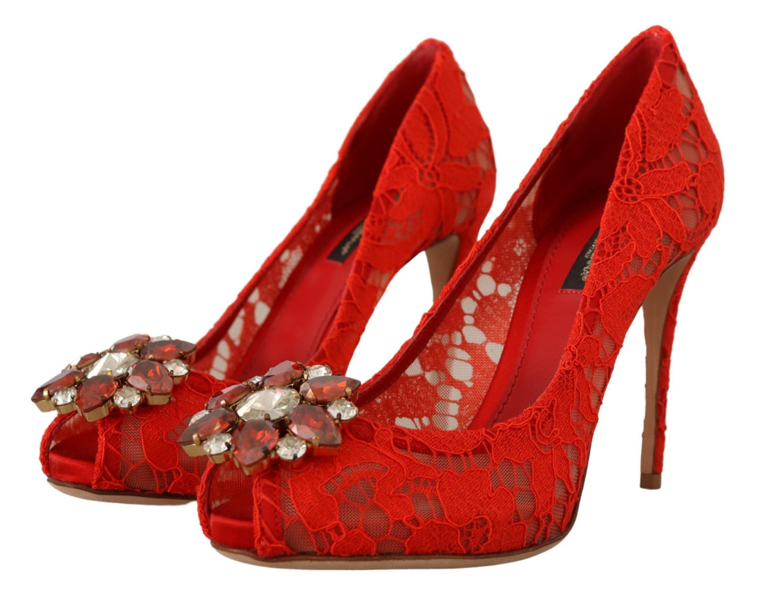 Dolce & Gabbana Red Taormina Lace Crystal Heels Pumps - Whispers Of Wisdom Clothing