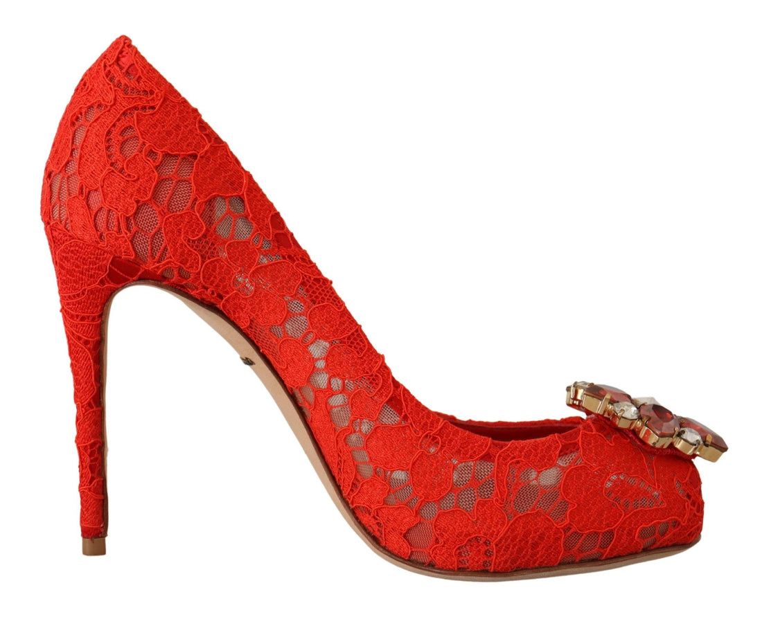 Dolce & Gabbana Red Taormina Lace Crystal Heels Pumps - Whispers Of Wisdom Clothing