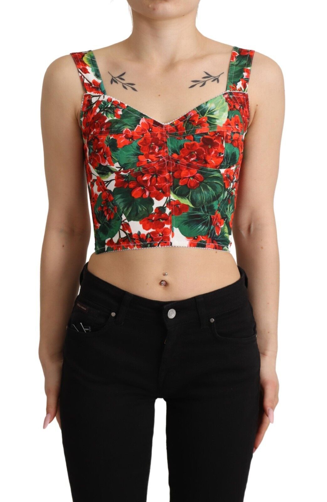 Dolce & Gabbana Red Geranium Print Viscose Sweetheart Cropped Top - Whispers Of Wisdom Clothing