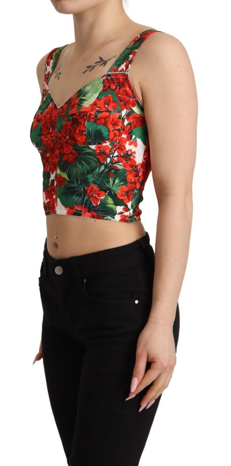 Dolce & Gabbana Red Geranium Print Viscose Sweetheart Cropped Top - Whispers Of Wisdom Clothing