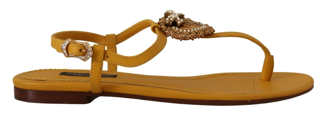 Dolce & Gabbana Mustard Leather Devotion Flats Sandals Shoes - Whispers Of Wisdom Clothing