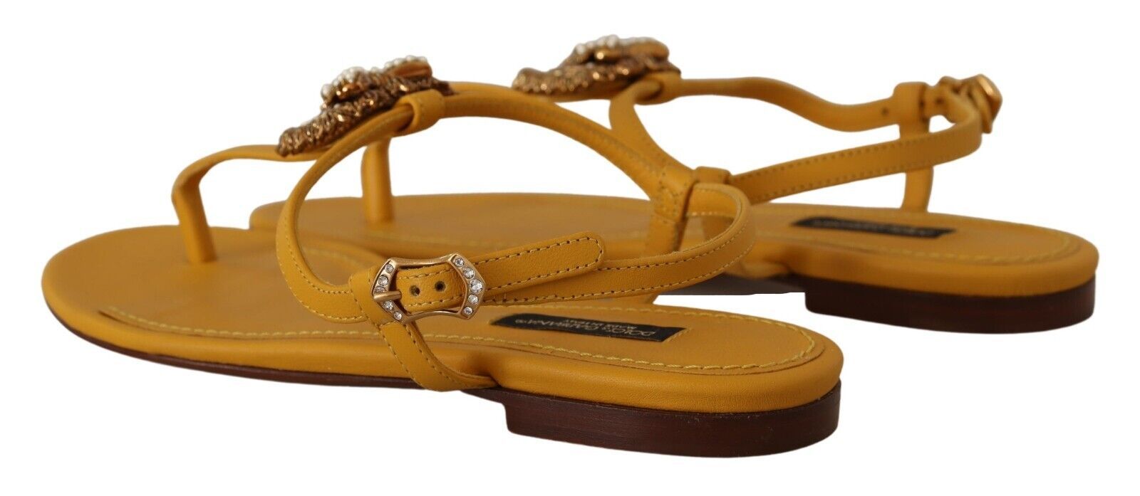 Dolce & Gabbana Mustard Leather Devotion Flats Sandals Shoes - Whispers Of Wisdom Clothing
