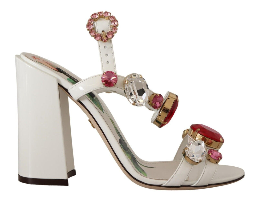 Dolce & Gabbana White Leather Crystal Keira Heels Sandals Shoes - Whispers Of Wisdom Clothing