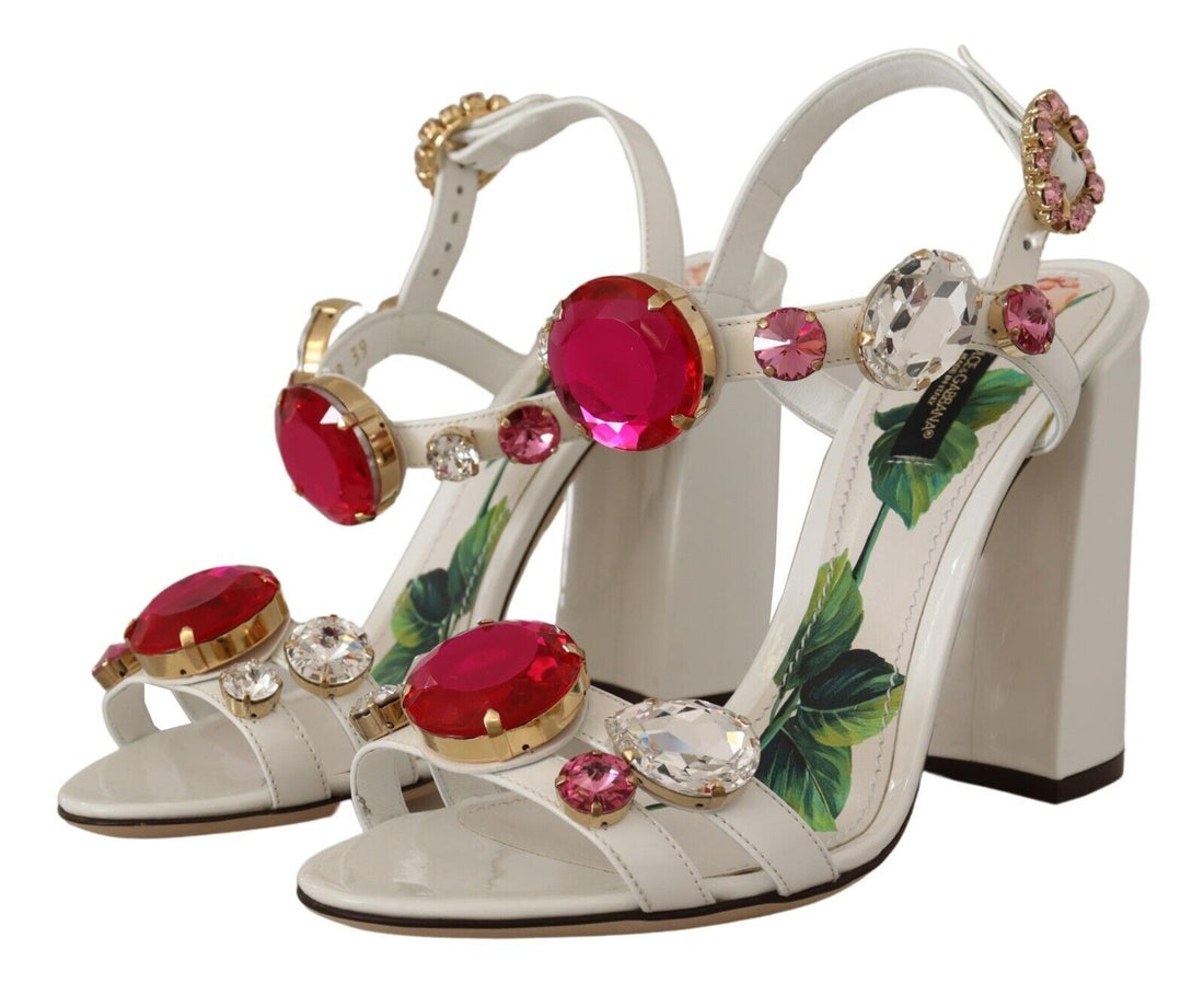 Dolce & Gabbana White Leather Crystal Keira Heels Sandals Shoes - Whispers Of Wisdom Clothing