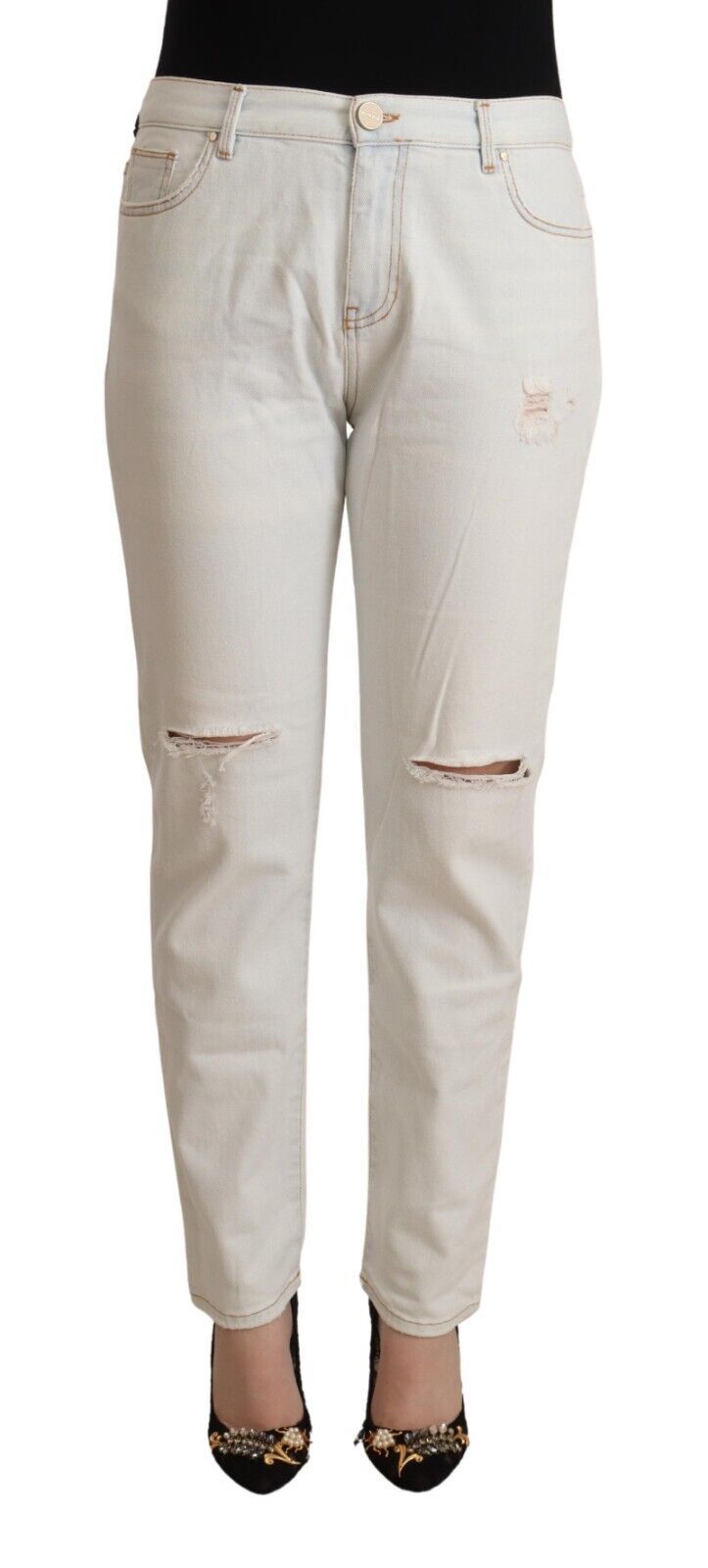 PINKO White Cotton Distressed Mid Waist Skinny Denim Jeans - Whispers Of Wisdom Clothing