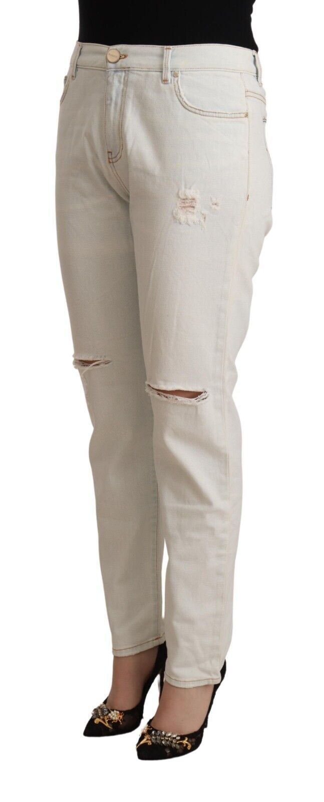 PINKO White Cotton Distressed Mid Waist Skinny Denim Jeans - Whispers Of Wisdom Clothing